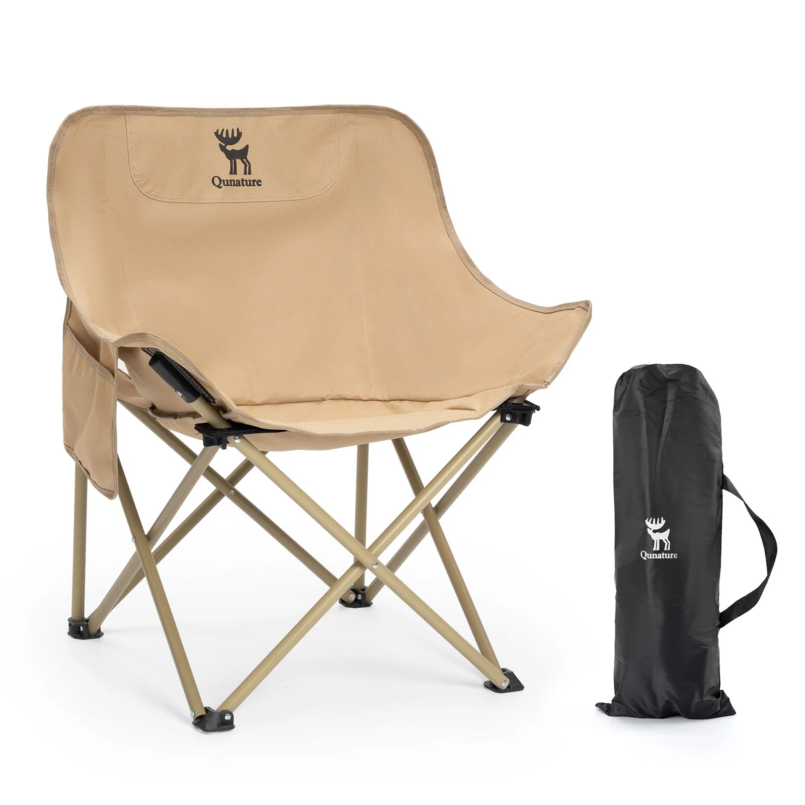 Beige camping chair with a carrying bag on a white background