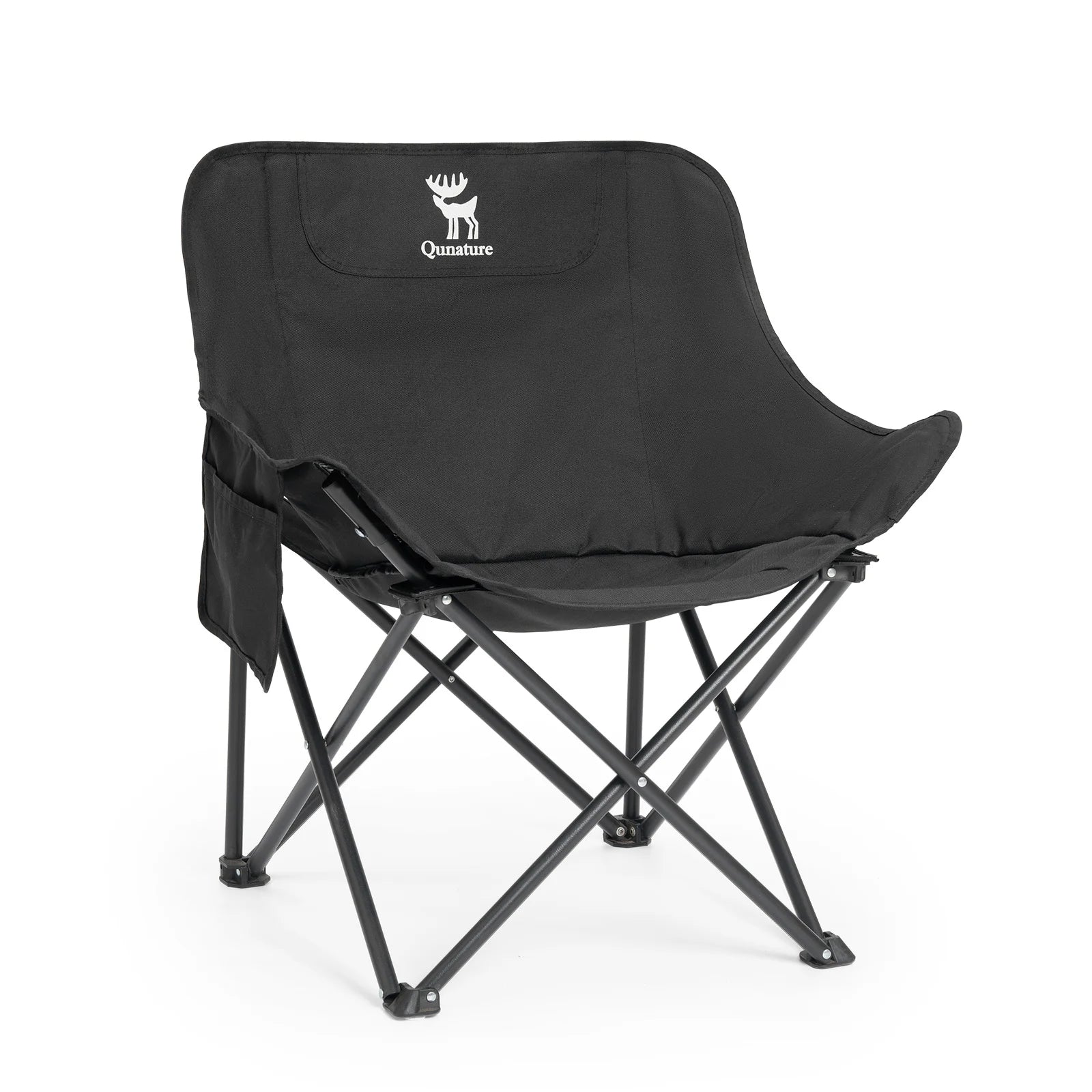 Black folding chair with a logo on a white background