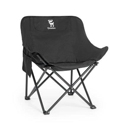 Black folding chair with a logo on a white background