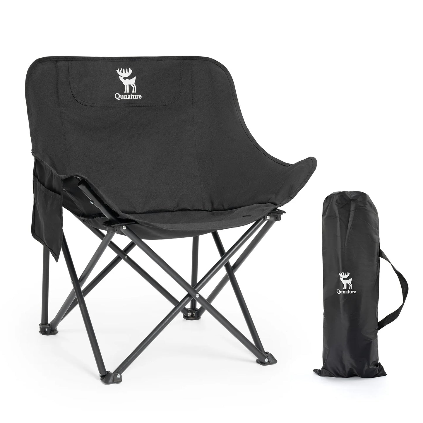 Black camping chair with carrying bag on a white background