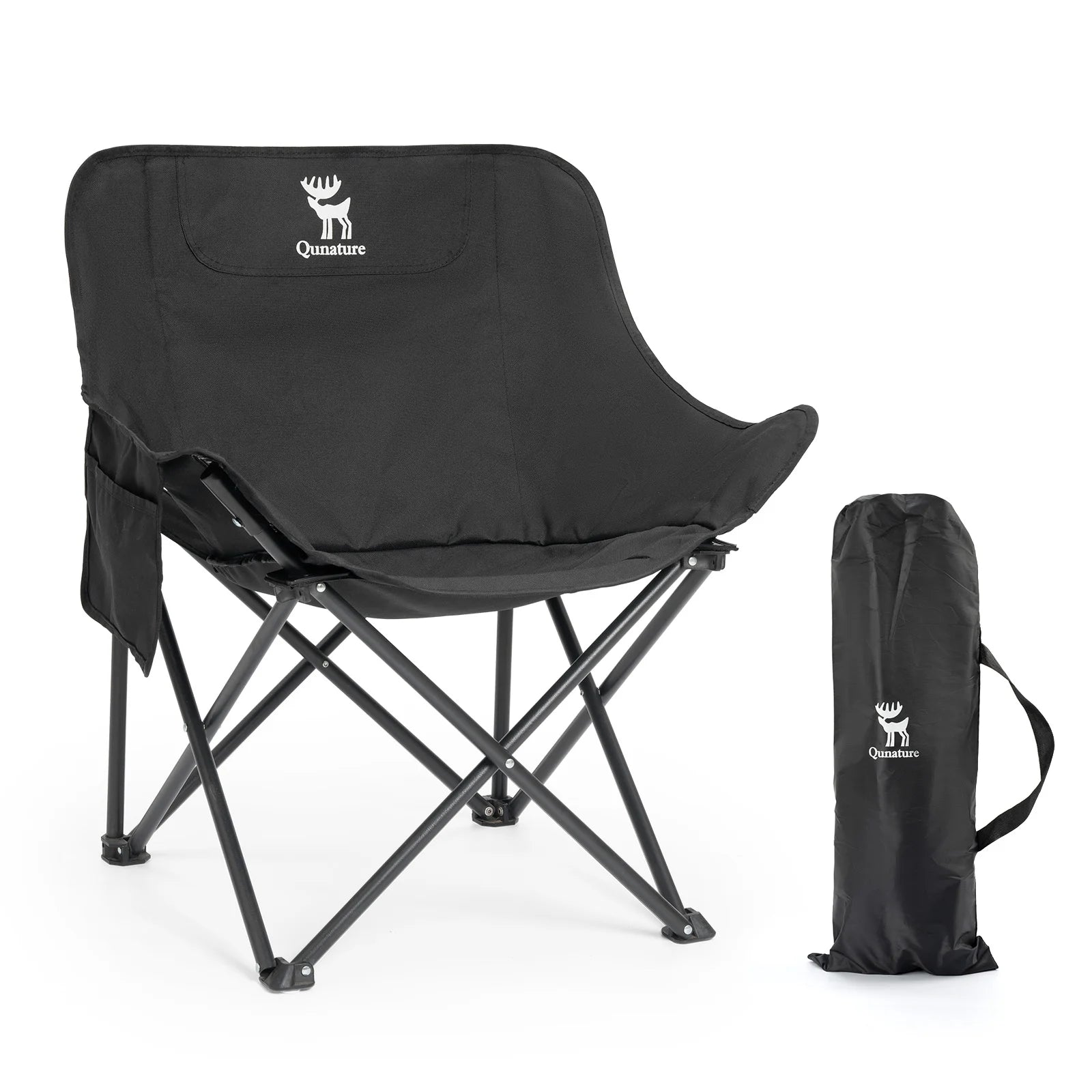 Black camping chair with carrying bag on a white background