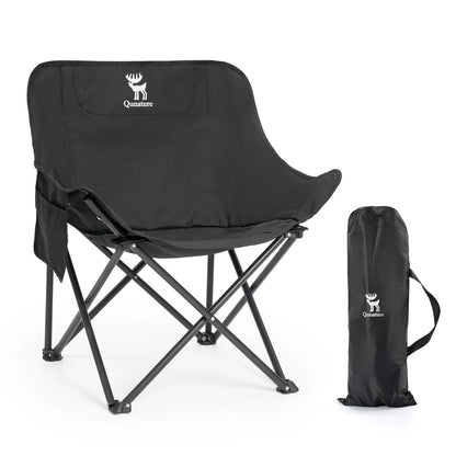 Black camping chair with carrying bag on a white background