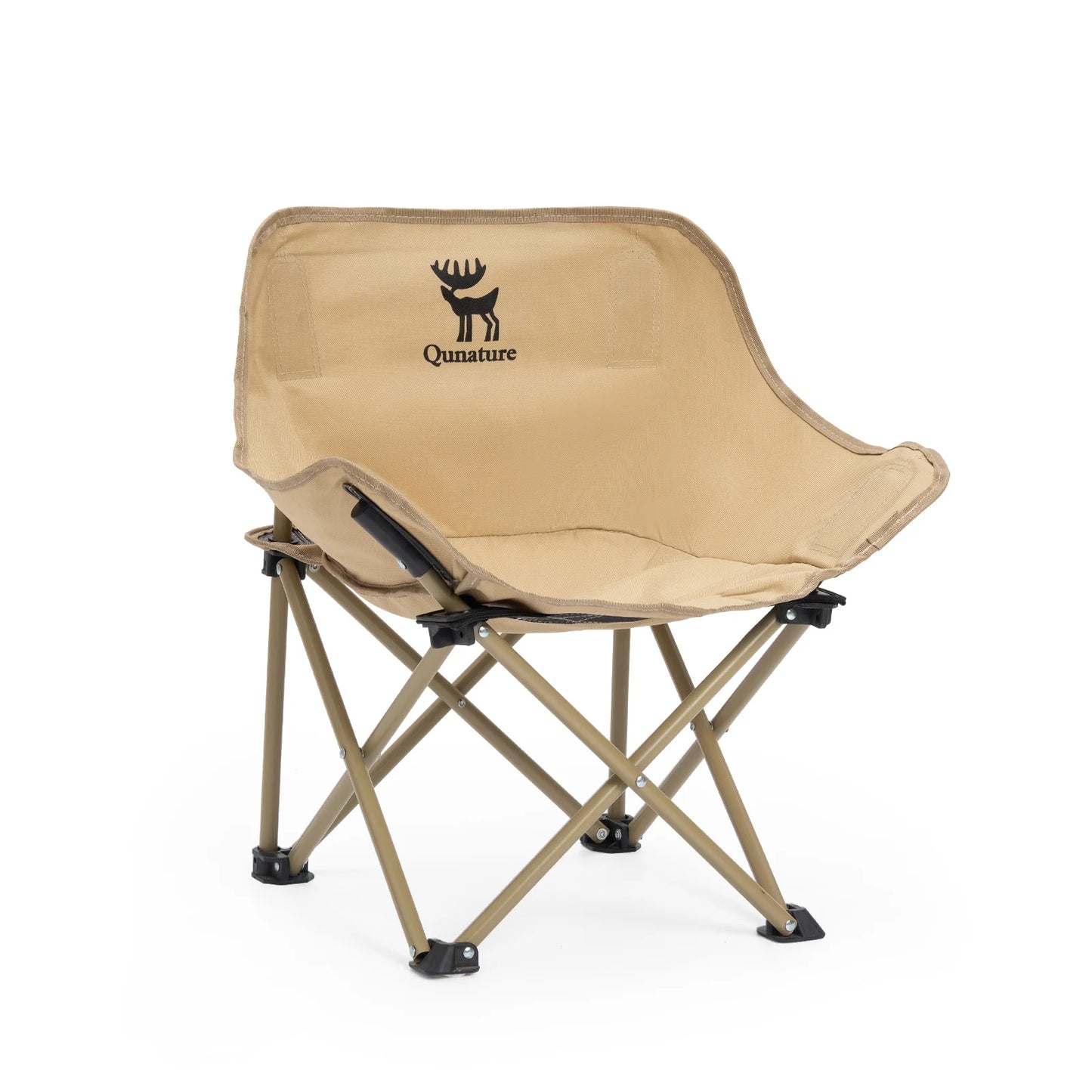 Beige camping chair with a logo on a white background