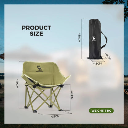 Folding chair with dimensions and product size information on a blurred outdoor background