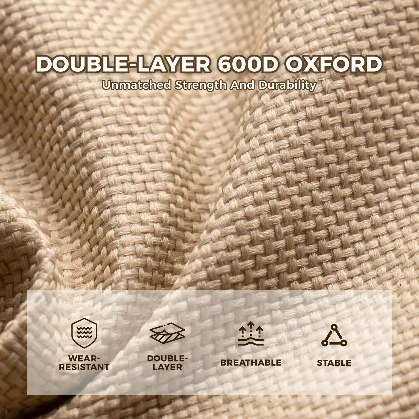 Close-up of double-layer 600D Oxford fabric with text and icons indicating strength, durability, wear-resistance, double-layer, breathability, and stability.