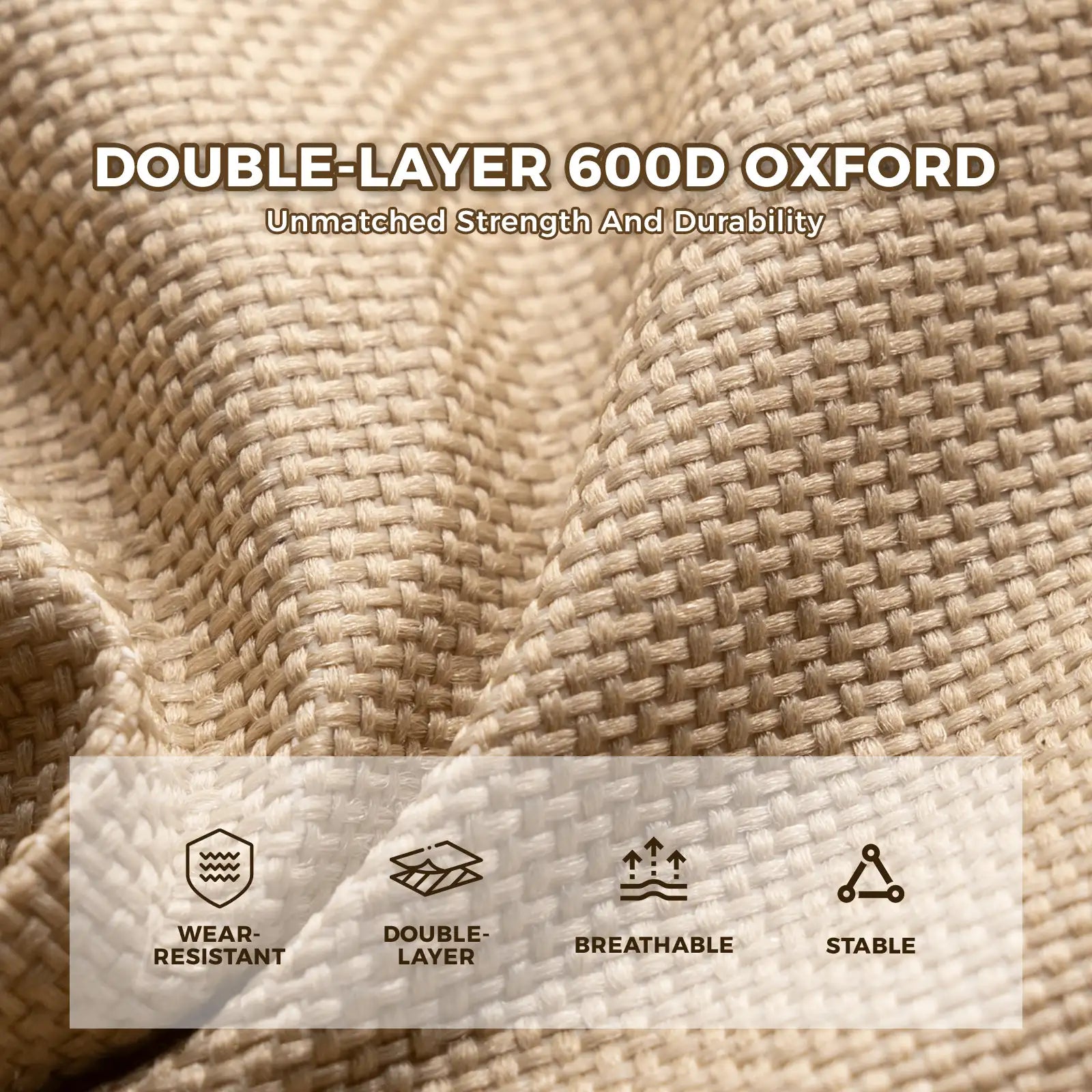 Close-up of double-layer 600D Oxford fabric with text and icons indicating strength, durability, wear-resistance, double-layer, breathability, and stability.