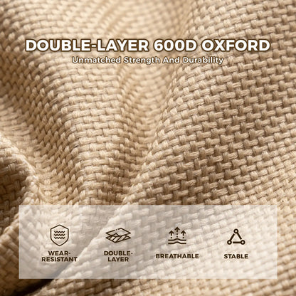 Close-up of double-layer 600D Oxford fabric with text and icons indicating strength, durability, wear-resistance, double-layer, breathability, and stability.