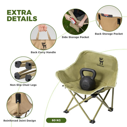 Olive green camping chair with features highlighted on a white background