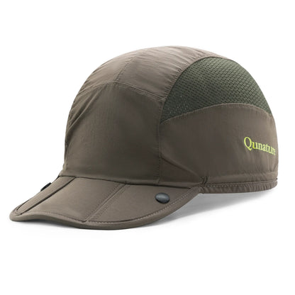 Brown cap with green mesh panel and 'Quanum' branding on a white background