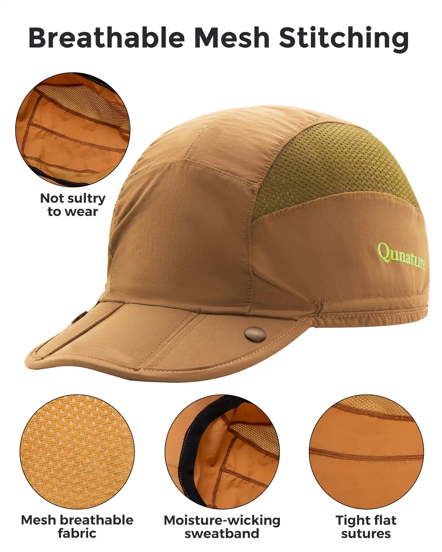 Brown cap with breathable mesh stitching features on a white background