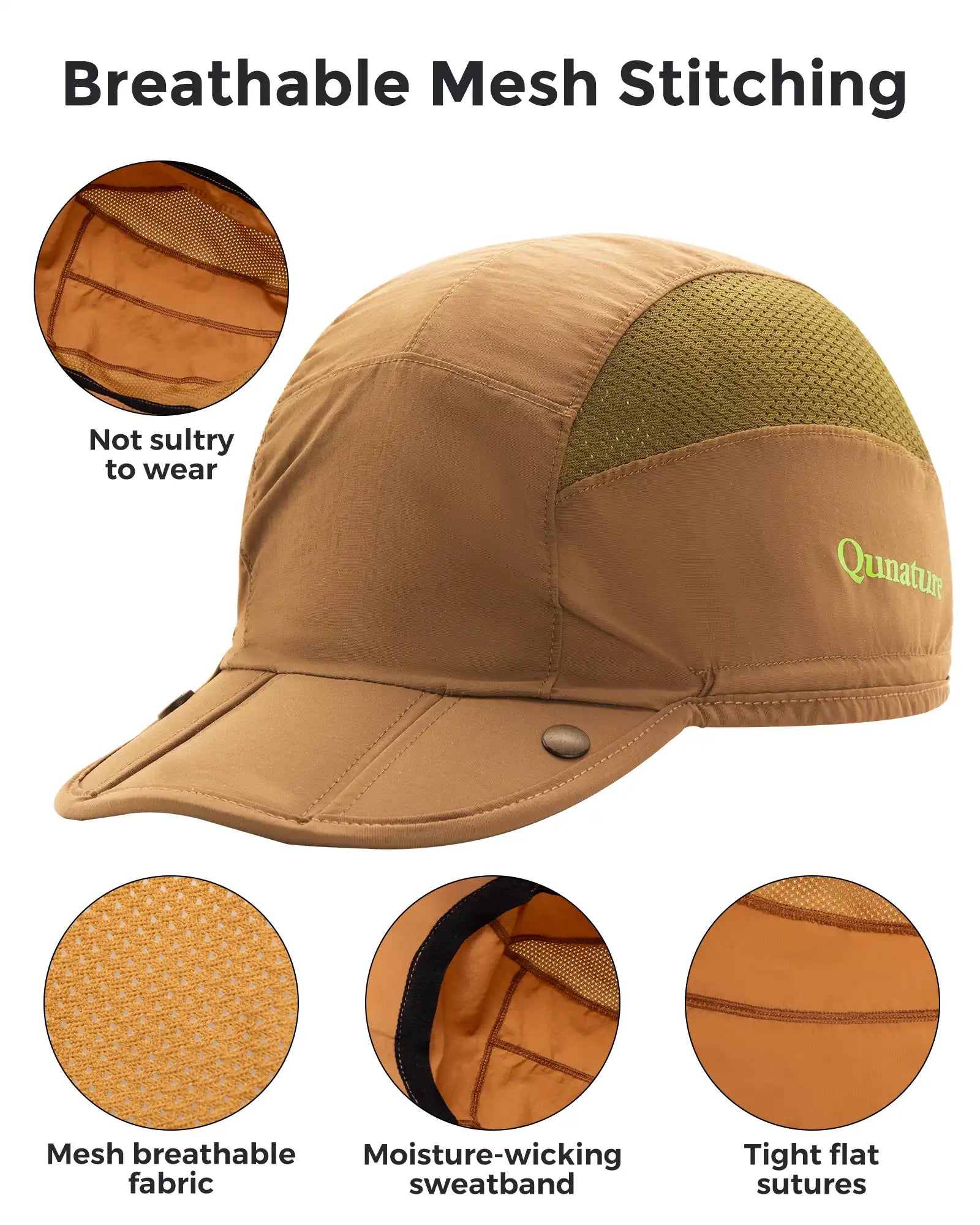 Brown cap with breathable mesh stitching features on a white background