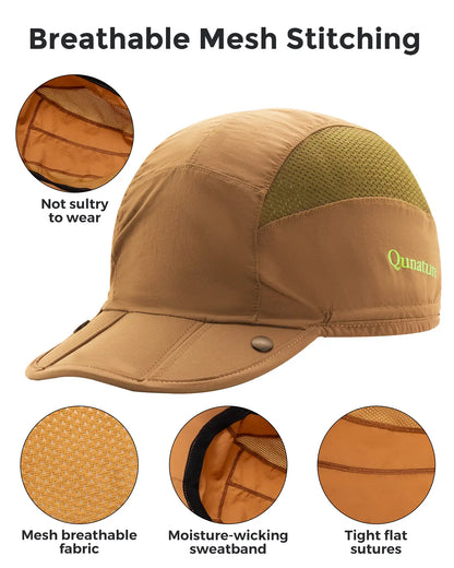 Brown cap with breathable mesh stitching features on a white background
