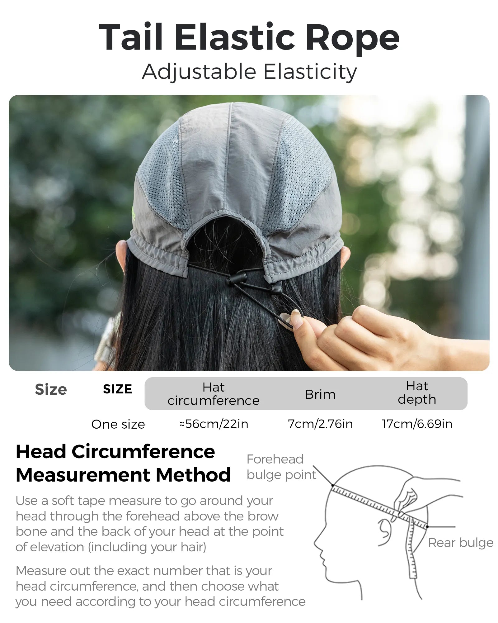 Person wearing a cap with an adjustable elastic rope, showing measurements and head circumference measurement method.