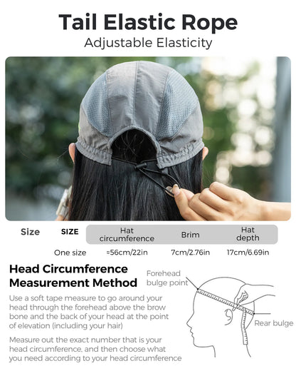 Person wearing a cap with an adjustable elastic rope, showing measurements and head circumference measurement method.