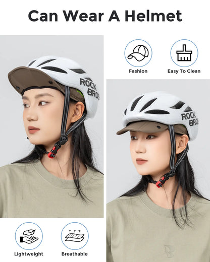 Person wearing a helmet with a cap design, featuring text and icons about helmet features.