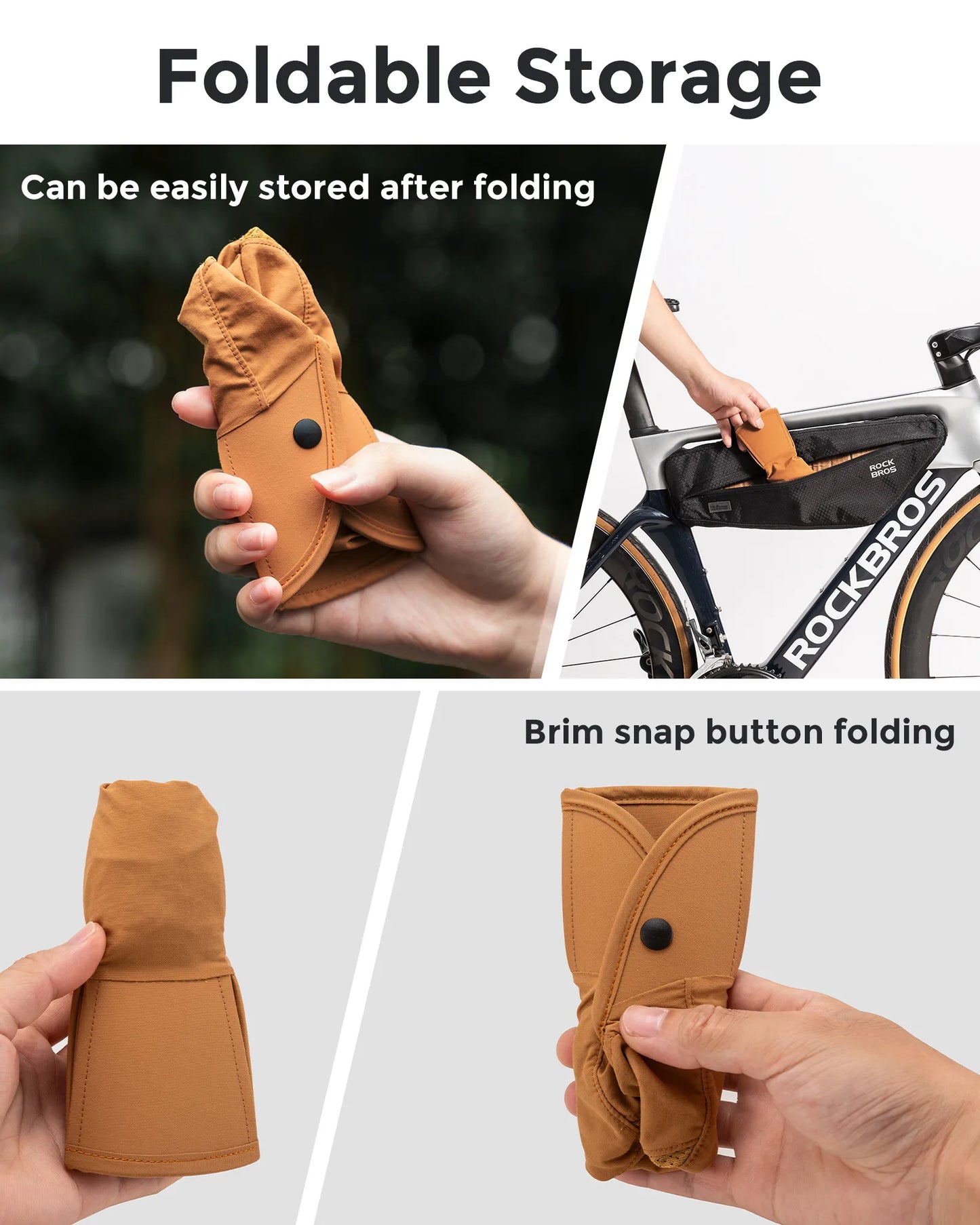 Foldable storage pouch being held and folded, with a bicycle in the background.