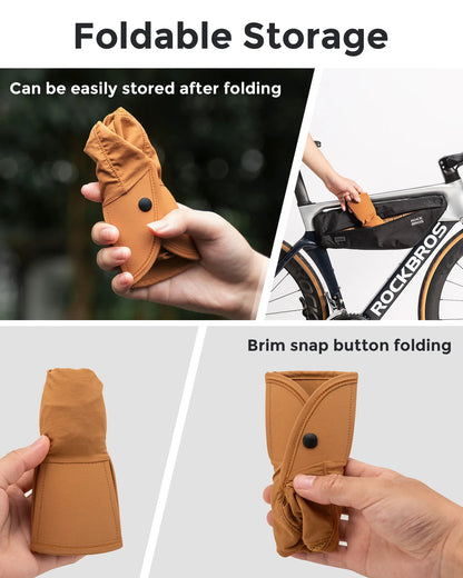 Foldable storage pouch being held and folded, with a bicycle in the background.