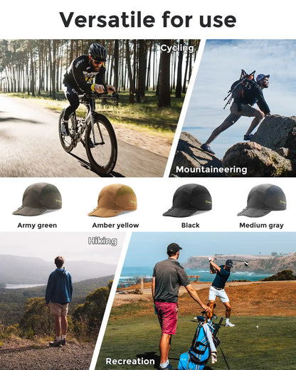 Collage of people in various outdoor activities with a focus on versatility and color options for a cap.