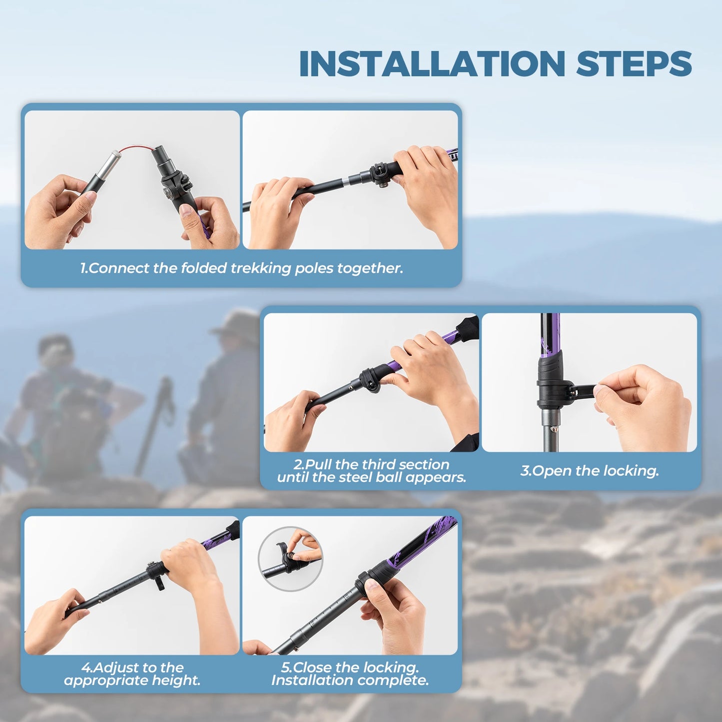 Step-by-step installation guide for trekking poles on a blue background