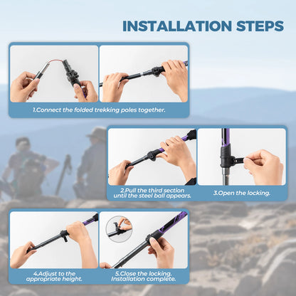 Step-by-step installation guide for trekking poles on a blue background