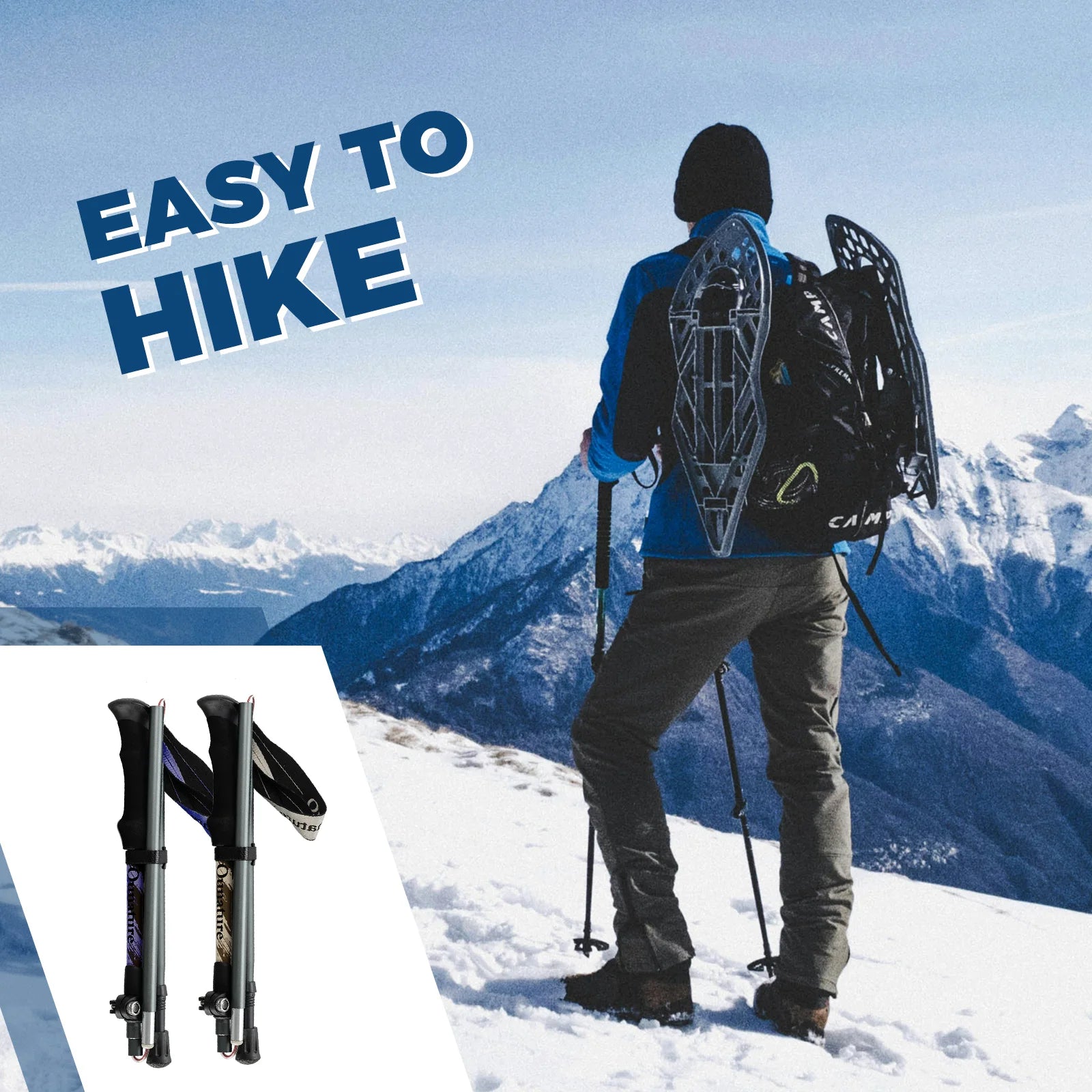 Person hiking with backpack and poles on a snowy mountain with 'Easy to Hike' text.