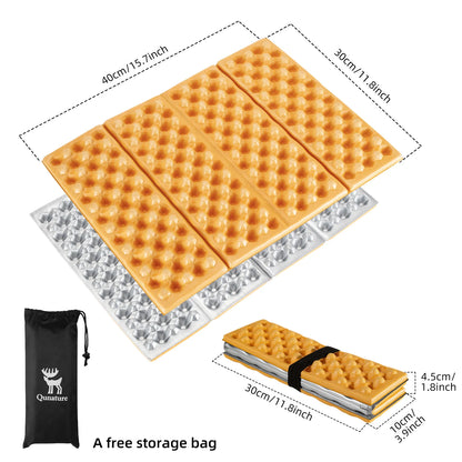 Foldable camping mat with measurements and a free storage bag on a white background