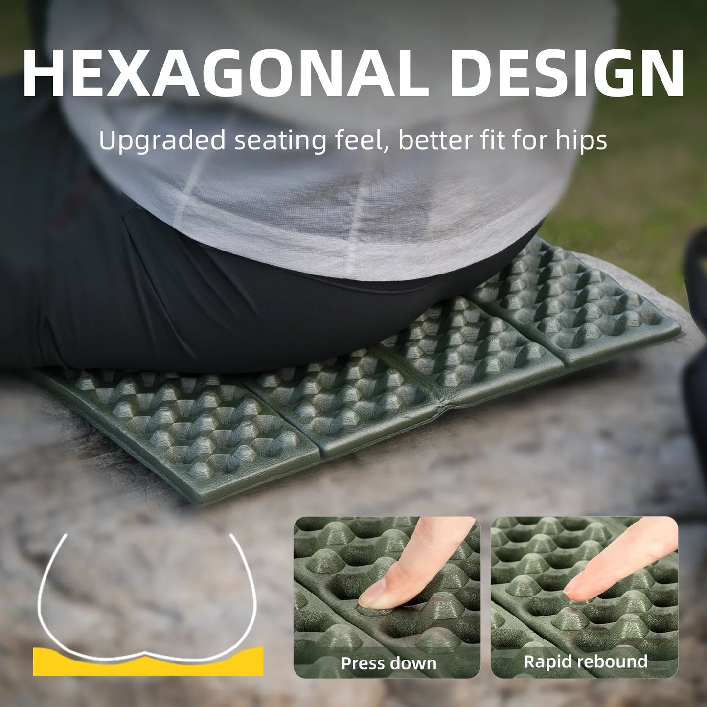Hexagonal design seating pad with text highlighting its features, shown on a surface.