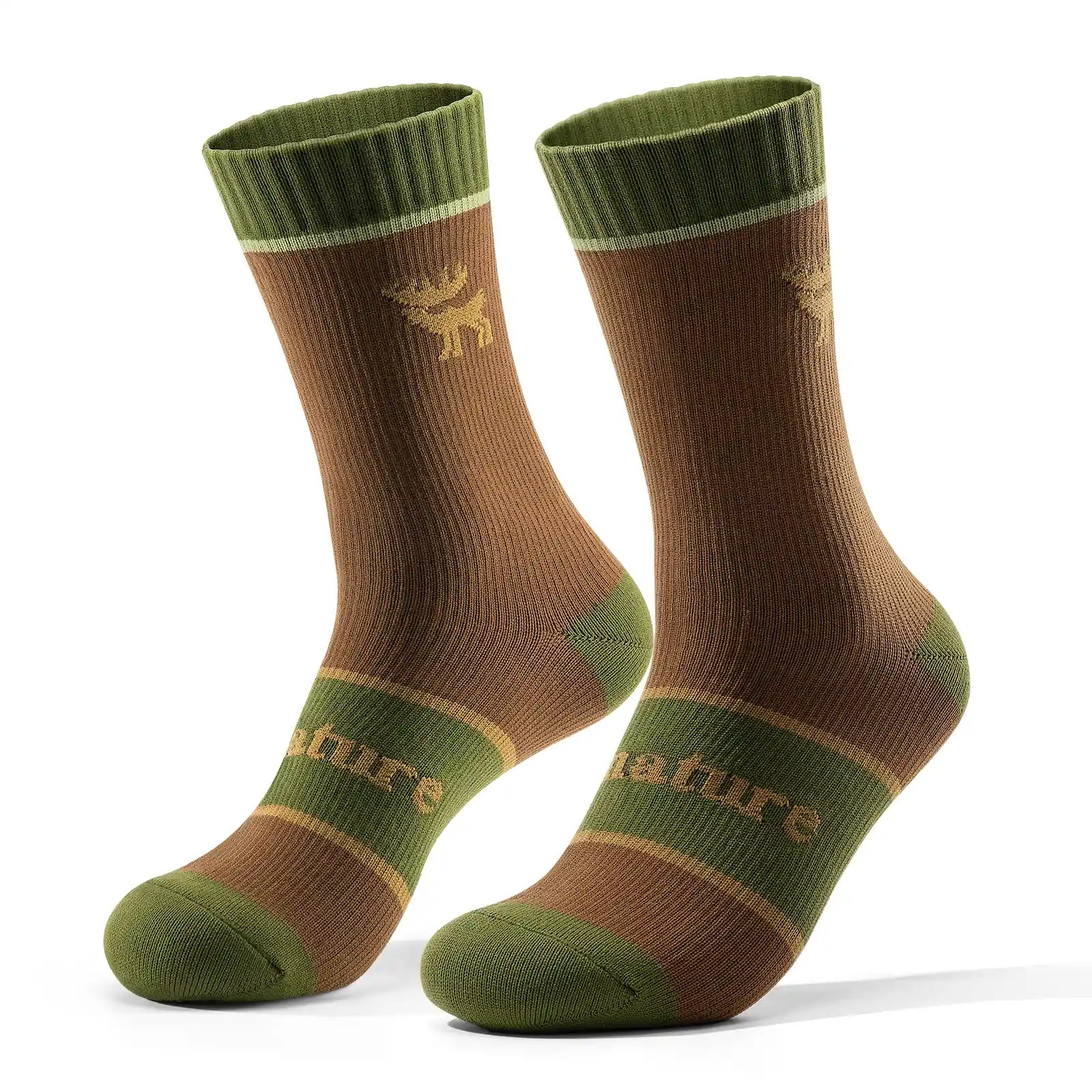 Pair of Khaki socks with green accents on a white background