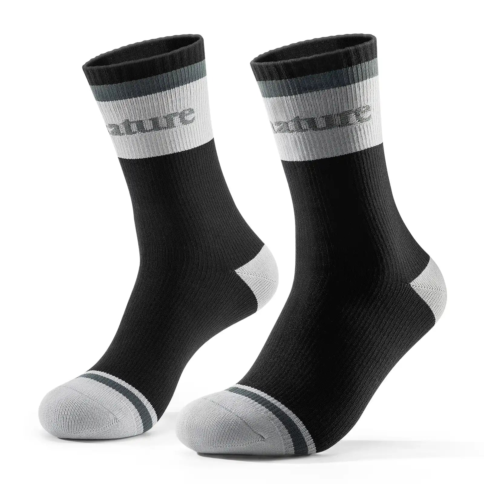 Pair of black socks with gray accents on a white background