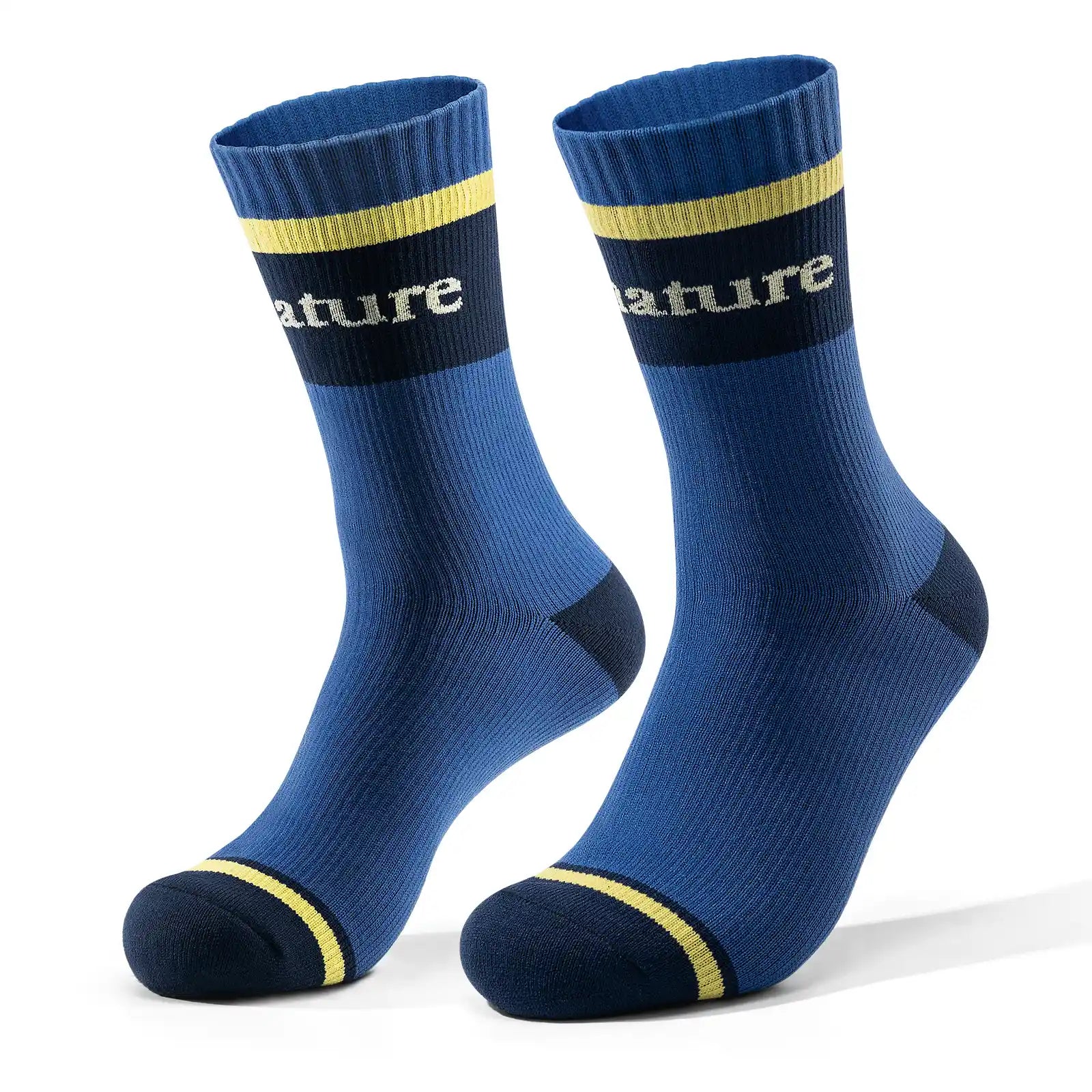 Pair of royal blue socks with dark blue accents on a white background