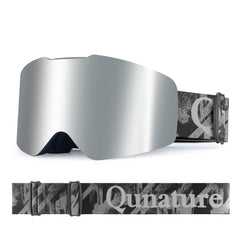Silver ski goggles with a patterned strap on a white background