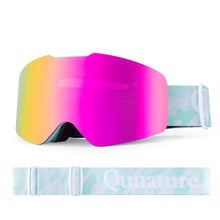 Pink ski goggles with a colorful lens on a white background