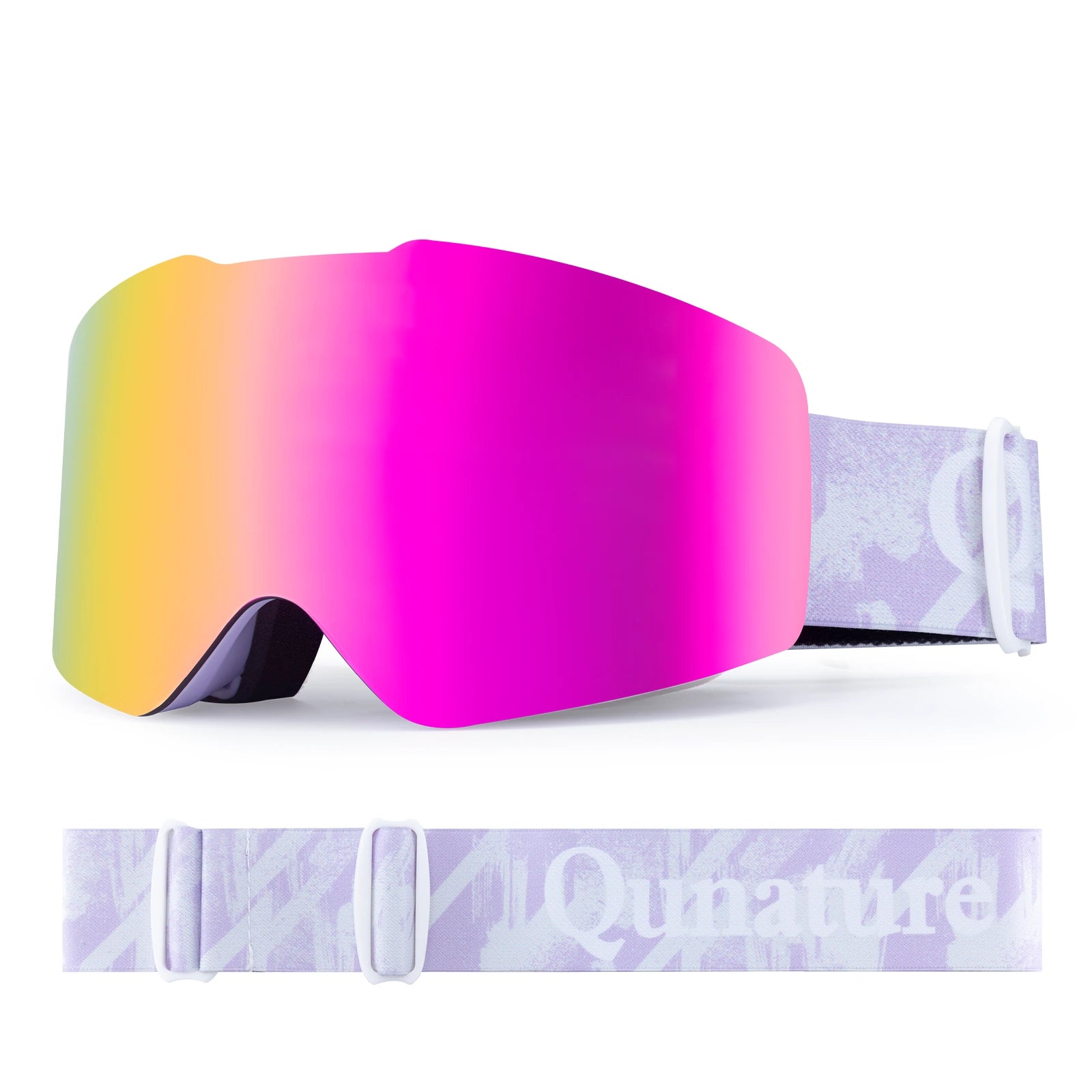 Multicolored ski goggles with a purple strap on a white background