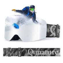 Person snowboarding with Qunature goggles and strap in the foreground