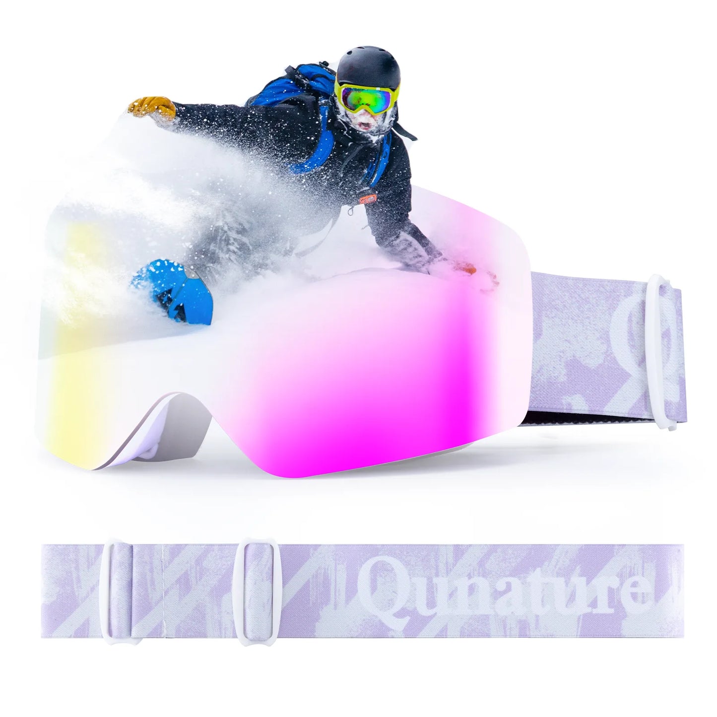 Person snowboarding with a colorful ski goggles and Qunature strap in the foreground.