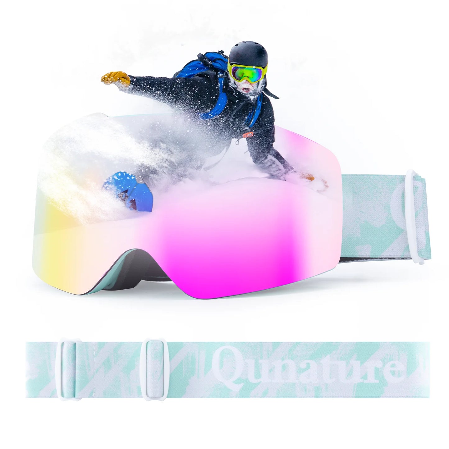 Person snowboarding with a colorful ski goggles and Qunature strap in the foreground.