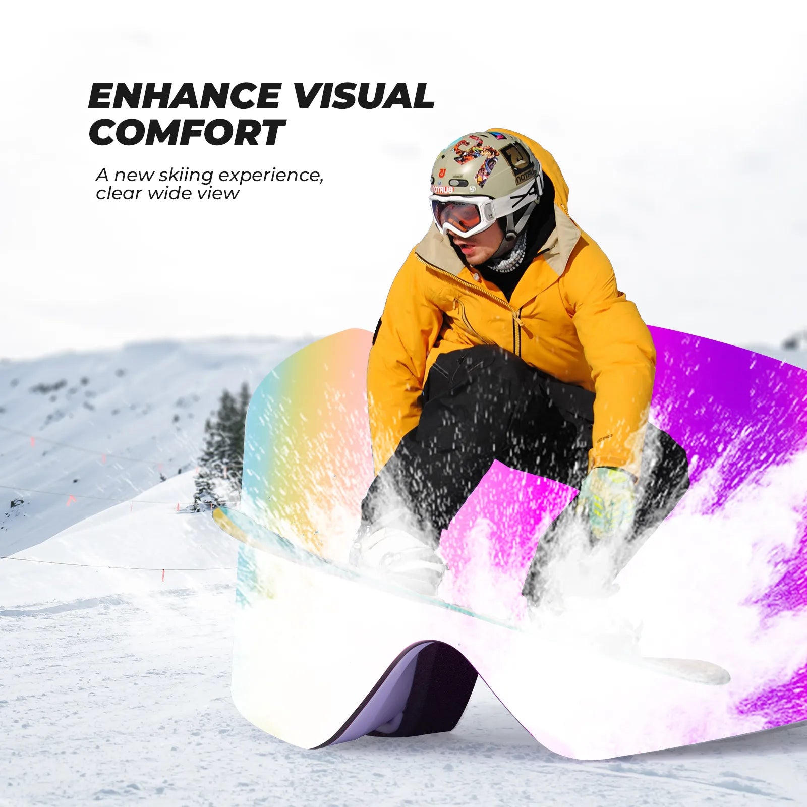 Person on a colorful snowboard with text about visual comfort