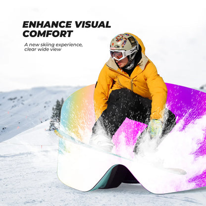 Person on a colorful snowboard with text about skiing experience