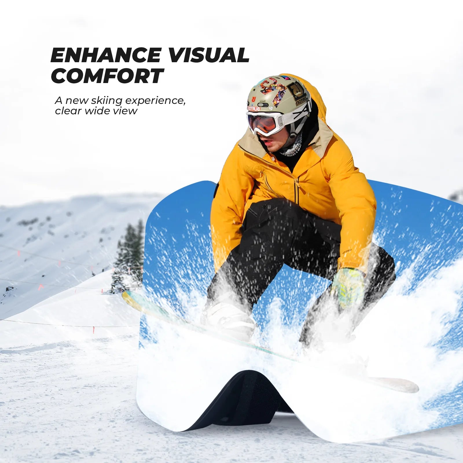 Person snowboarding in a snowy landscape with text about visual comfort.