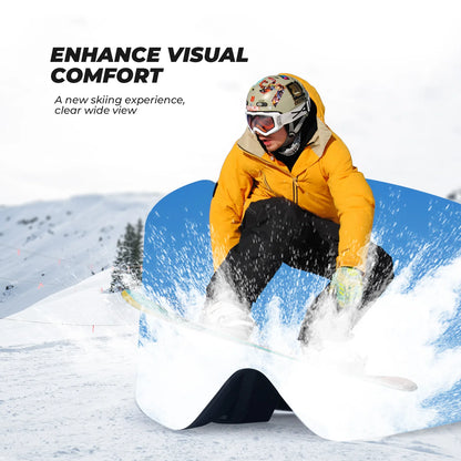 Person snowboarding in a snowy landscape with text about visual comfort.