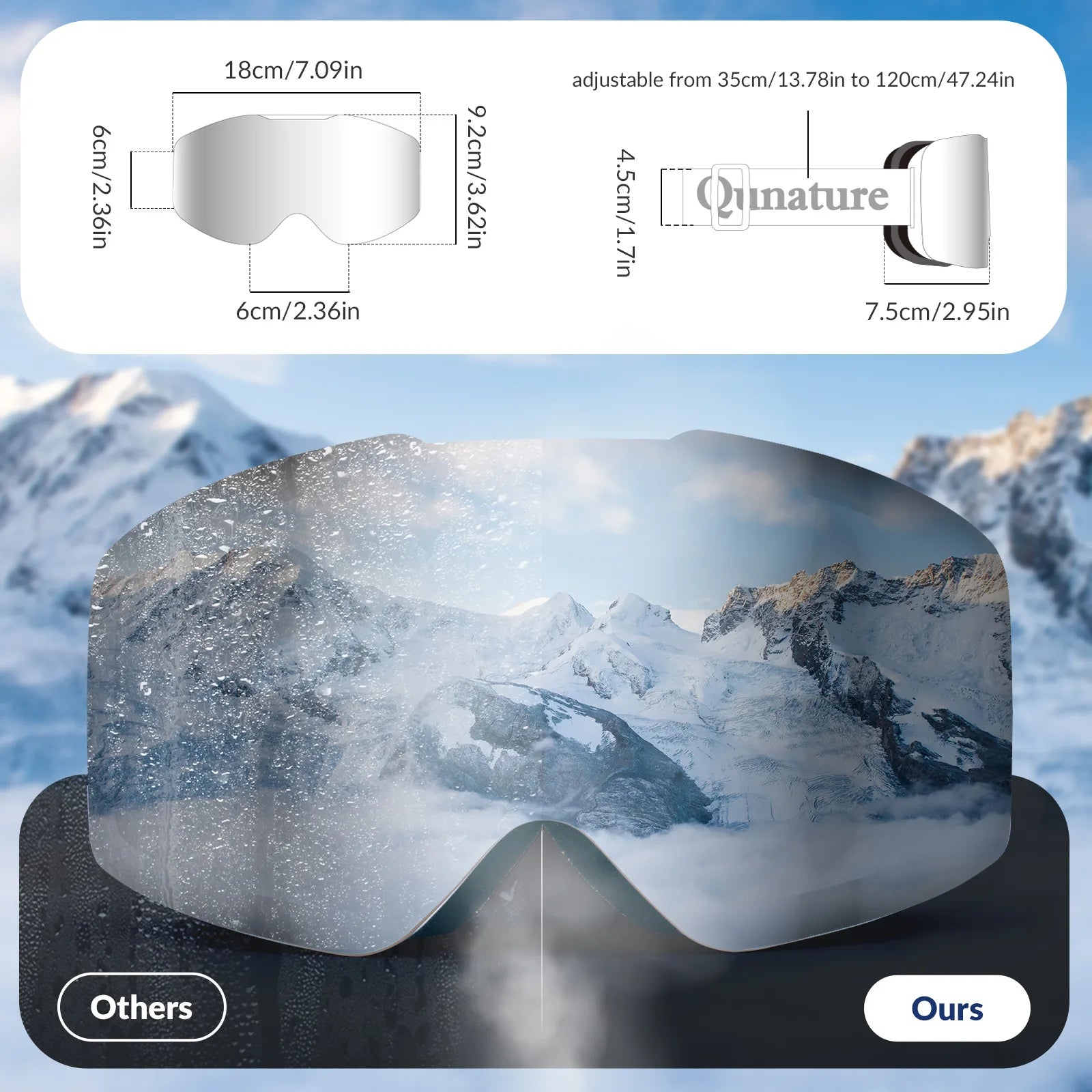 Snow goggles with mountainous landscape background and Qniture branding