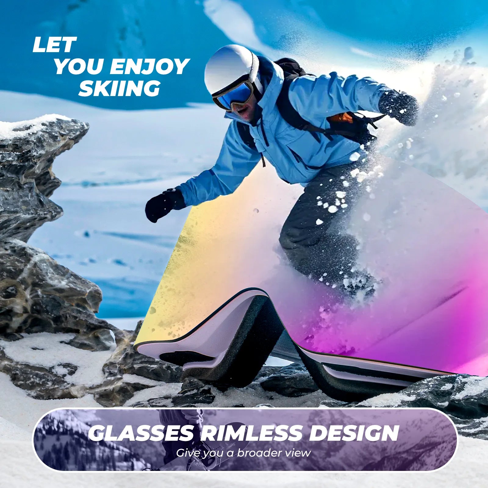 Person skiing with a colorful snowboard and text about rimless glasses