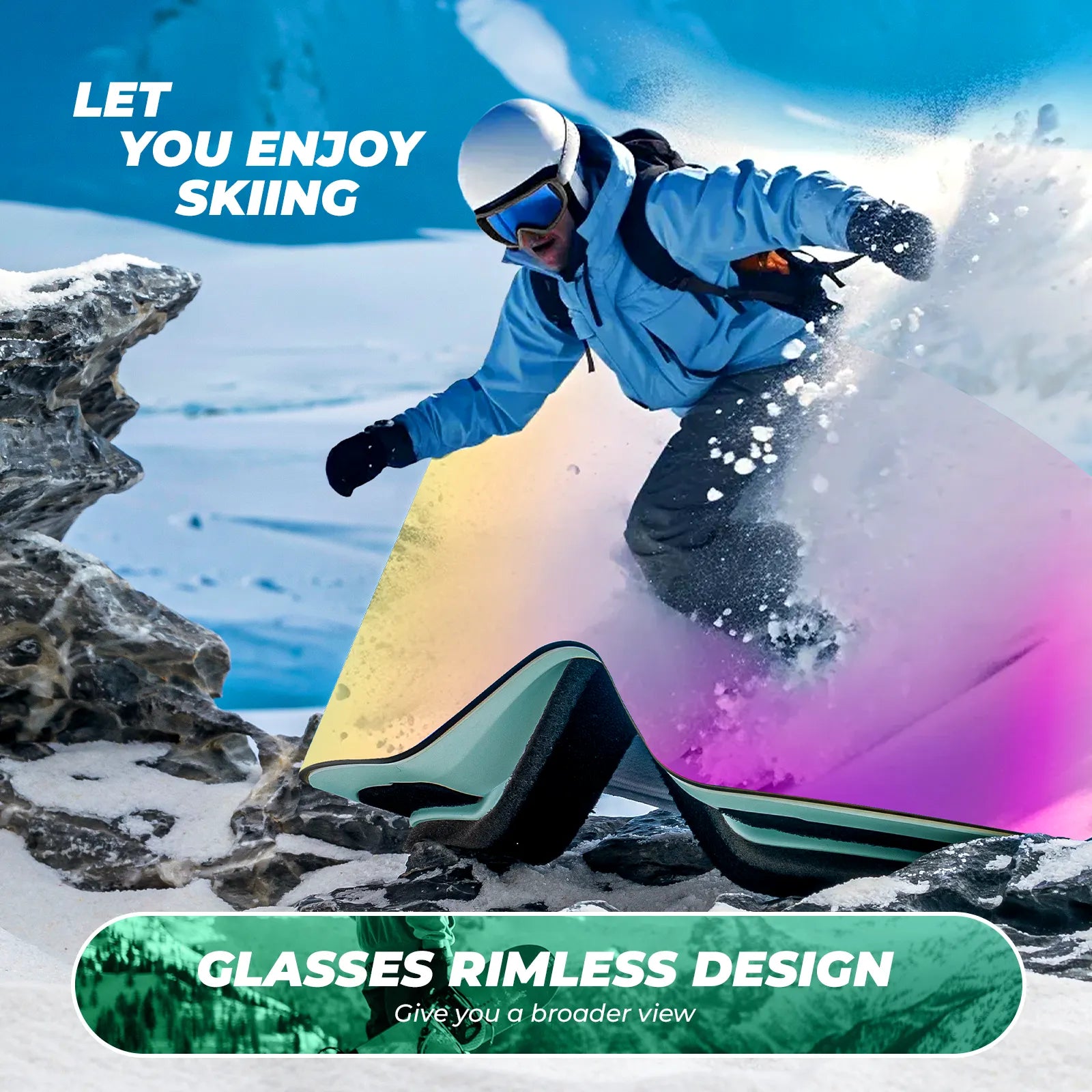 Person skiing with colorful goggles and text about skiing enjoyment and rimless design.
