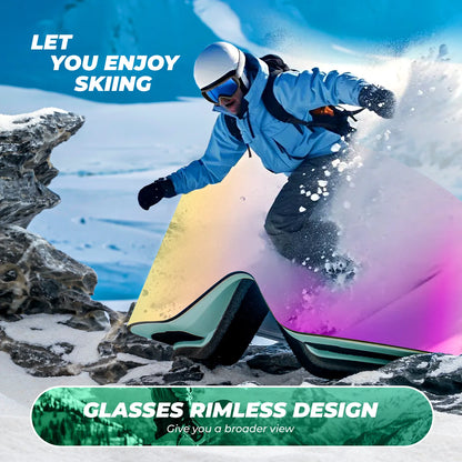 Person skiing with colorful goggles and text about skiing enjoyment and rimless design.
