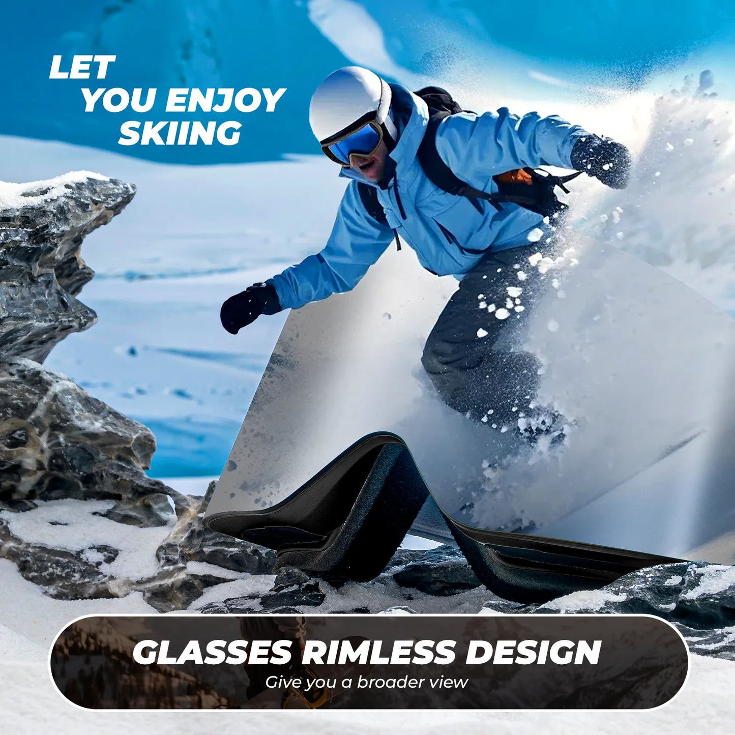 Person skiing with text about rimless glasses and skiing enjoyment