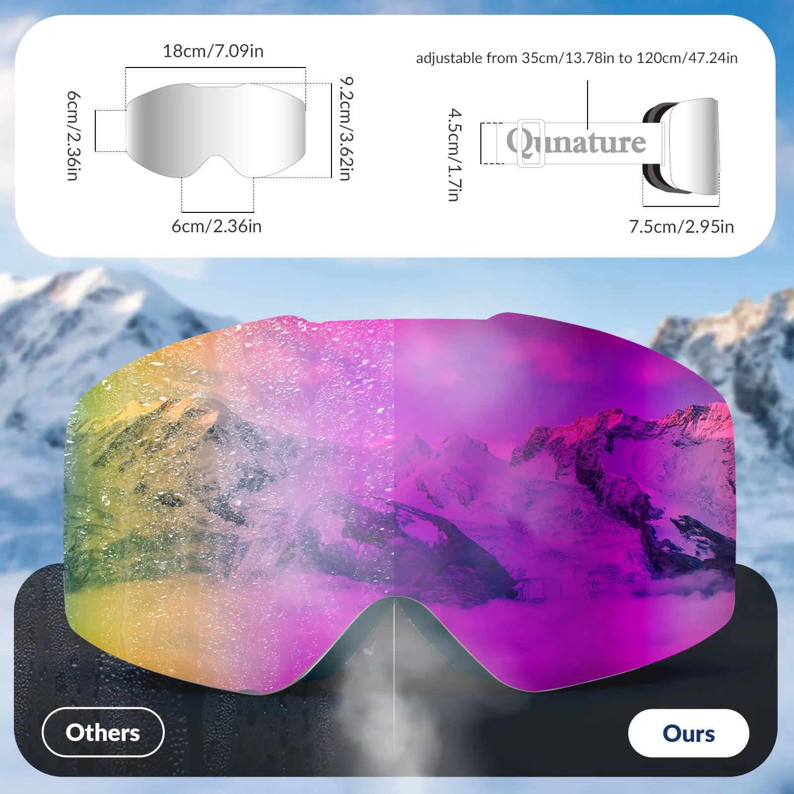 Colorful ski goggles with mountain view on a snowy background, featuring Qniture branding.