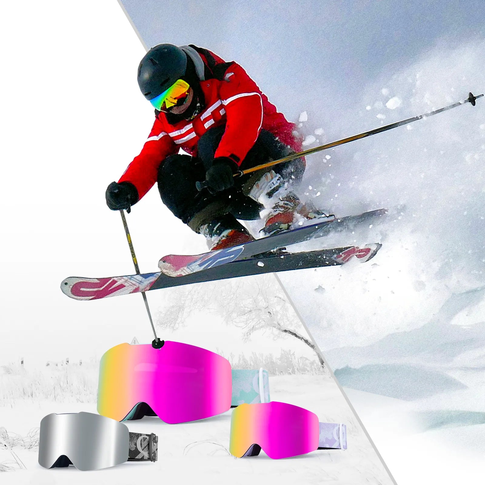 Skier in action with goggles and ski equipment on a snowy background