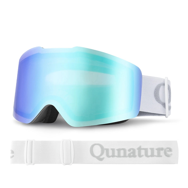 A pair of frameless blue anti-fog ski goggles with white straps