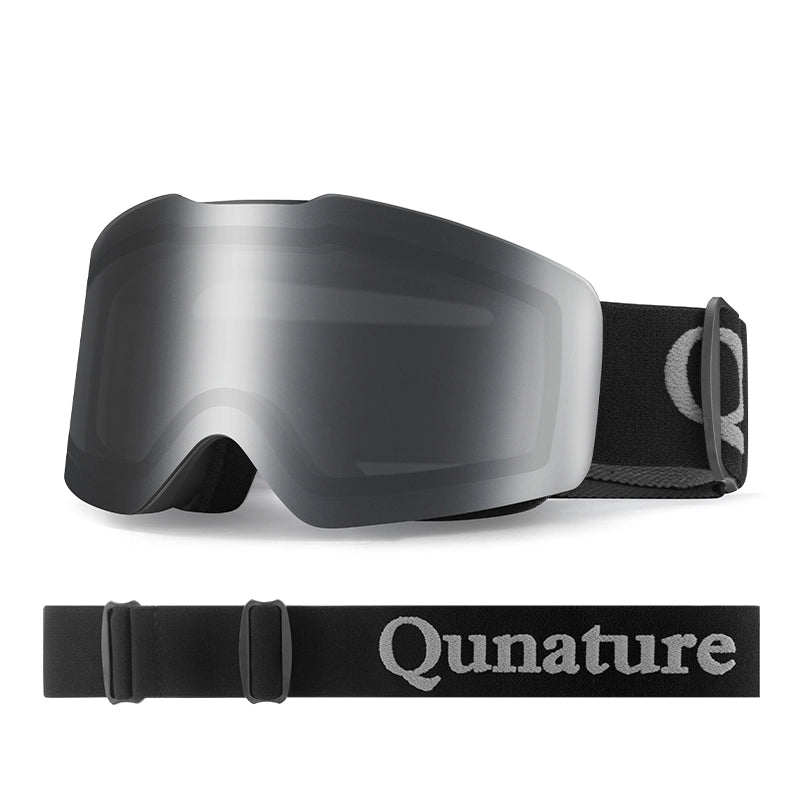 One frameless silver anti-fog ski goggles with a black strap