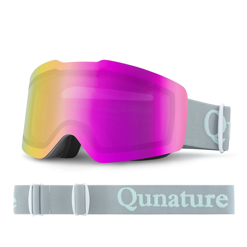 A pair of frameless red anti-fog ski goggles with gray straps